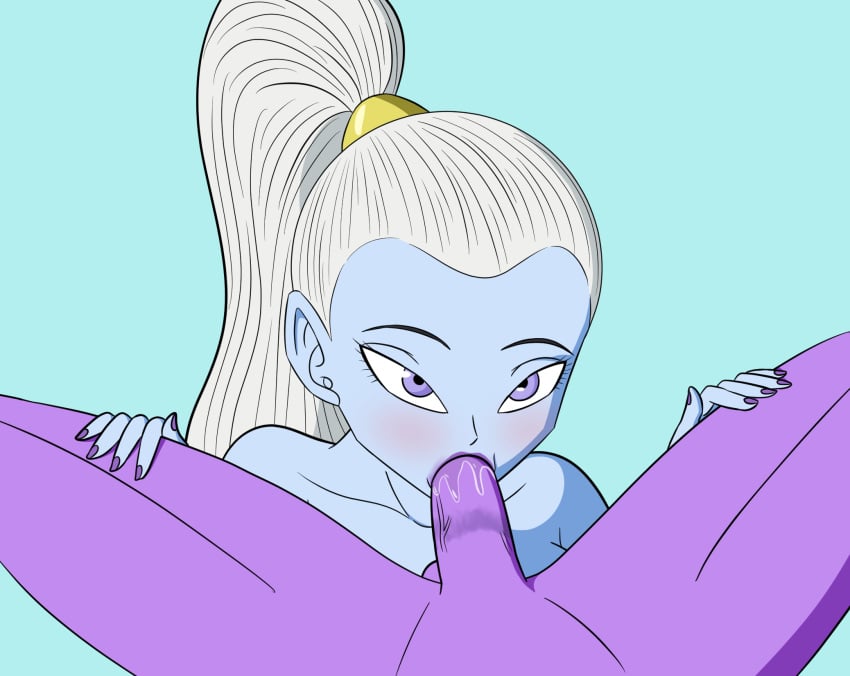 1boy 1girls alzar angel blowjob blue_eyes blue_skin cute deepthroat_mark dragon_ball dragon_ball_super eye_contact fellatio female lipstick lipstick_mark lipstick_on_penis naughty_face oral ponytail pov purple_lipstick vados white_hair