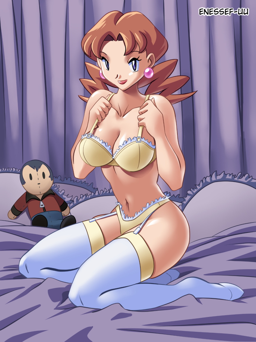 1girls alternate_outfit ass blanket bra breasts brown_hair caroline_(pokemon) cleavage curtains doll earrings enessef-uu eye_contact feet human legs lingerie looking_at_viewer milf mother norman_(pokemon) panties pillow plushie pokemon pokemon_rse purple_eyes senri_(pokemon) sheets text thick_thighs thighs watermark wide_hips