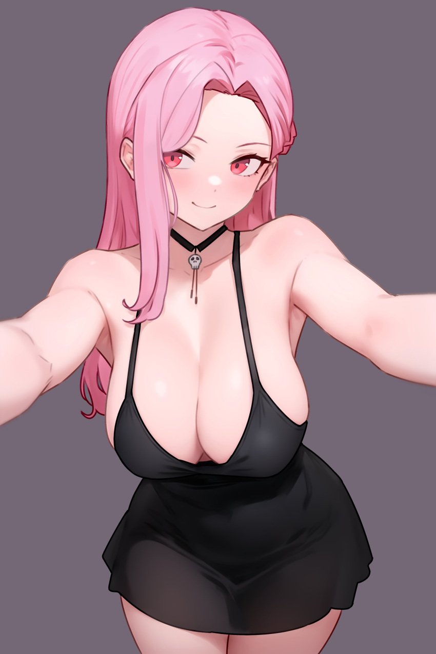 1girls bluefield breasts cleavage dress female hi_res hololive hololive_english hololive_myth huge_breasts light-skinned_female light_skin long_hair mori_calliope naughty_face pink_eyes pink_hair smile virtual_youtuber