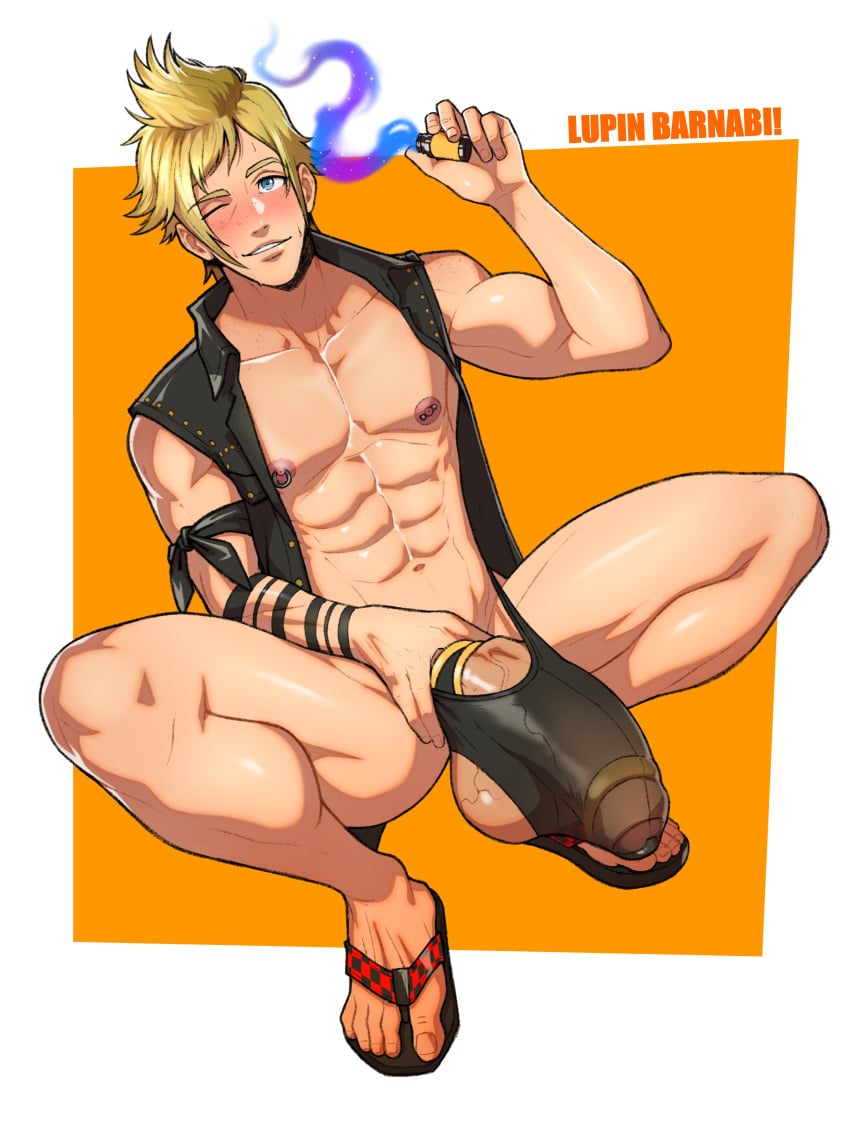 1boy abs big_penis blonde_hair blue_eyes blush bulge enormous_penis final_fantasy_xv flip_flops lupin_barnabi male male_only muscles muscular muscular_male pierced_genitals pierced_nipples piercing poppers prompto_argentum sandals see-through see-through_clothing see-through_penis see-through_underwear shiny shiny_skin signature skinny solo solo_male thick_thighs thong tribal_tattoo twink underwear vein veins veins_on_dick veiny_penis yaoi