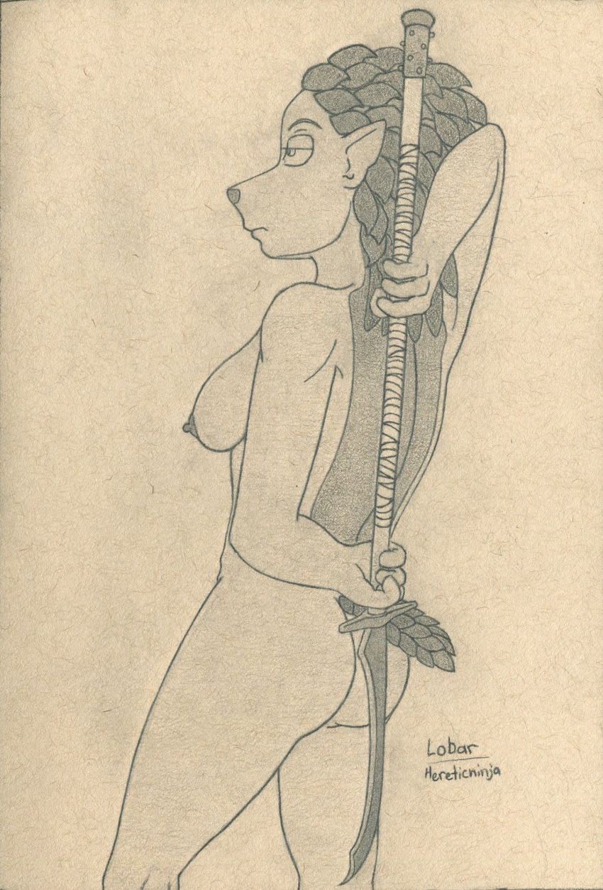 anthro areola ass babasa breasts echdina holding_object holding_weapon lobar medium_breasts nipple nude nude_female original_character side_view sideboob simple_background solo_female solo_focus species_mammal traditional_media_(artwork)