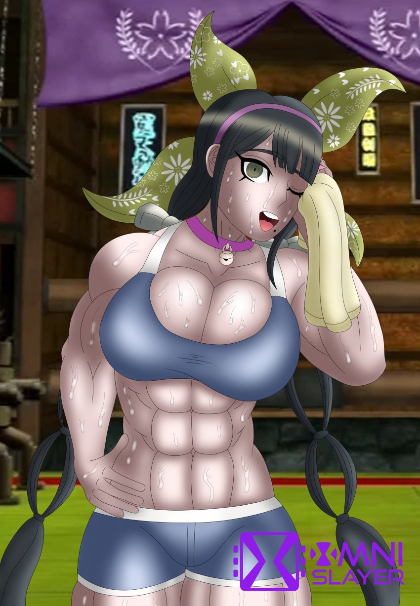 1girls 2023 2d 2d_(artwork) big_breasts black_hair bra breasts bursting_breasts chabashira_tenko collar danganronpa danganronpa_v3 female green_eyes huge_breasts mouth muscles muscular muscular_female omnislayer1993 one_eye_closed open_mouth solo spats sweat sweatdrop sweating sweaty_body sweaty_breasts sweaty_butt sweaty_legs teeth teeth_showing teeth_visible twin_braids twintails