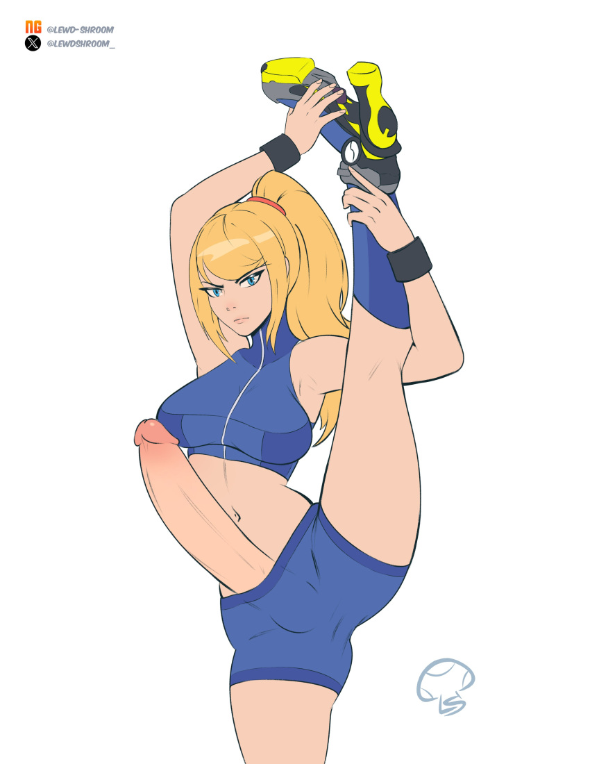 1futa alternate_costume athletic athletic_female athletic_futanari bare_shoulders big_breasts big_cock big_penis blonde_hair blue_eyes bracelet breasts circumcised clothed clothing cock dickgirl erection exposed_penis flexible frenulum_attached futa_only futanari hairband heel_boots heeled_boots heels high_heels huge_cock human large_penis lewdshroom light-skinned_futanari light_skin long_hair looking_at_viewer medium_hair metroid midriff mostly_clothed pale-skinned_female pale-skinned_futanari pale_skin penis penis_out ponytail samus_aran shorts solo split standing standing_on_one_leg standing_split vertical_splits watermark white_background