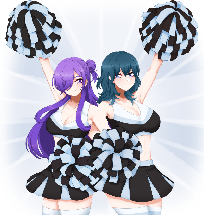 2girls alternate_costume blue_eyes blue_hair breasts byleth_(fire_emblem) byleth_(fire_emblem)_(female) cheerleader female female_only fire_emblem fire_emblem:_three_houses fire_emblem_warriors:_three_hopes nintendo seityr shez_(female)_(fire_emblem) shez_(fire_emblem)