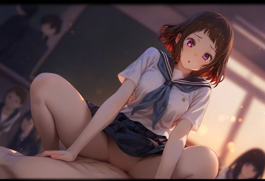 ai_generated brown_hair classroom cowgirl_position fukube_satoshi hyouka ibara_mayaka public_sex purple_eyes school_uniform stupixi