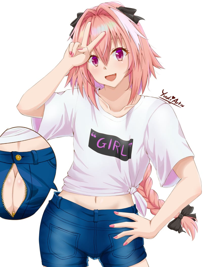 ass astolfo_(fate) braid braided_hair braided_ponytail fate_(series) femboy feminine_male girly hair_between_eyes looking_at_viewer male male_only midriff navel open_mouth otoko_no_ko otokonoko pink_hair purple_eyes shirt short_shorts shorts smile solo tomgirl trap v yuukiartsu