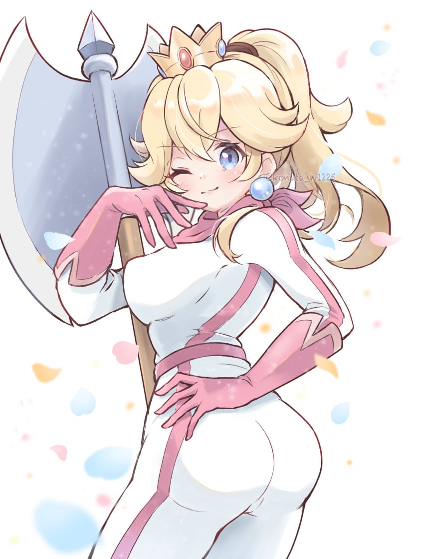 1girls ass axe big_ass big_breasts blonde_hair blue_eyes bodysuit breasts busty female female_only gloves hand_on_hip highres large_breasts legs looking_at_viewer looking_back mario_(series) nintendo one_eye_closed pink_lips ponytail pose posing princess_peach sideboob smile solo the_super_mario_bros._movie thighs voluptuous wink