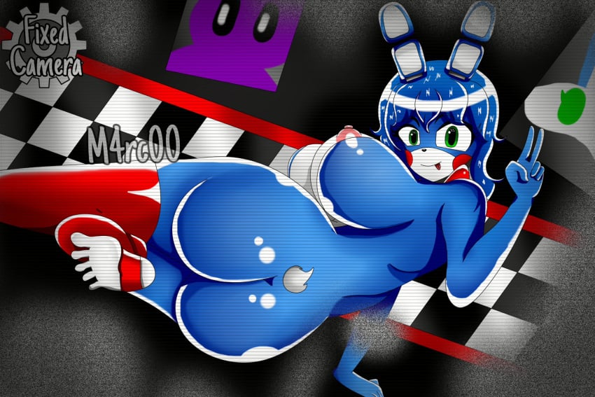 1girls ass blue_hair bob_cut breasts five_nights_at_freddy's five_nights_at_freddy's_2 five_nights_in_anime green_eyes huge_breasts laying_down laying_on_side looking_at_viewer looking_back lying lying_on_side m4rc00 makeup nipples red_cheeks smile solo stockings tagme thighhighs toy_bonnie_(fnaf)