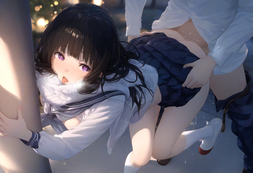 ai_generated bottomless bottomless_female breast_grab chitanda_eru doggy_style hyouka no_panties oreki_houtarou purple_eyes scarf school_uniform stupixi winter winter_clothes