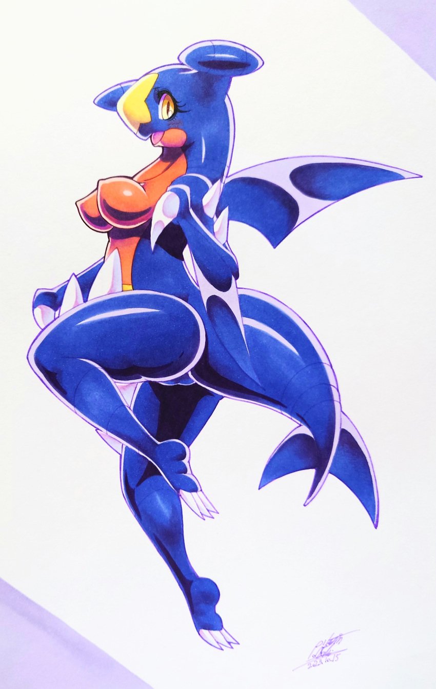 025aki 1girls 2023 abstract_background ass big_ass blue_body blush blush_lines bouncing_breasts breasts claws dated dragon dragon_girl dragon_tail eyelashes featureless_breasts feet female female_garchomp female_only female_pokemon furry furry_only garchomp generation_4_pokemon looking_at_viewer medium_breasts open_mouth orange_eyes pointy_breasts pokémon_(species) pokemon pokemon_(species) pokemon_dppt signature tail tongue