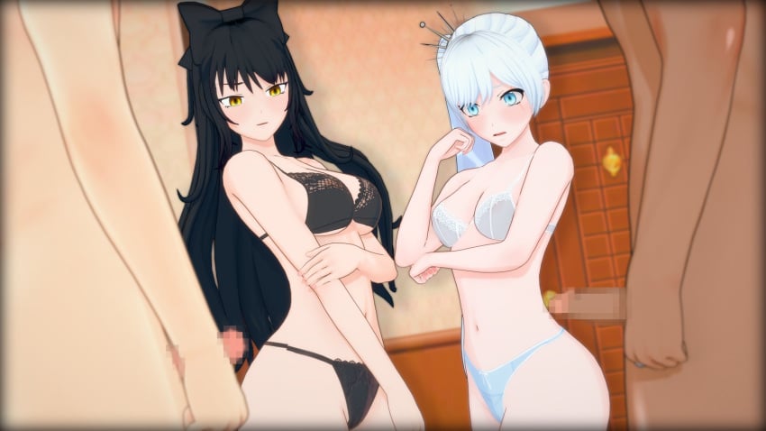 2boys 2girls 3d black_bra black_hair black_panties blake_belladonna bow_tie censored koikatsu long_hair medium_breasts nyxxzeiss rwby weiss_schnee white_bra white_hair white_panties