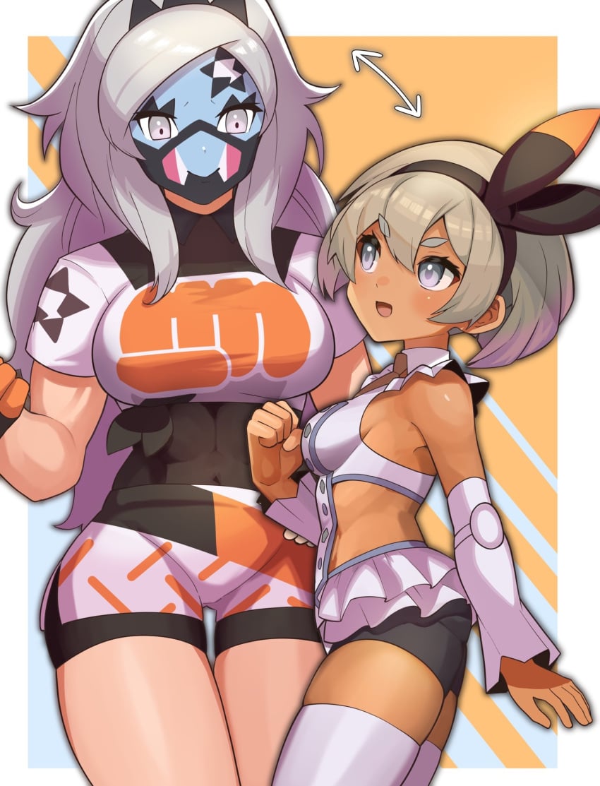 2girls bea_(pokemon) bodysuit bodysuit_under_clothes breasts detached_sleeves eri_(pokemon) facepaint grey_eyes grey_hair hairband katwo large_breasts long_hair medium_breasts nintendo outfit_swap pokemon pokemon_ss pokemon_sv shirt short_hair shorts thighhighs white_hair white_shirt white_shorts