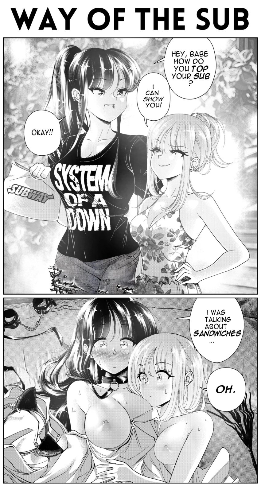 2girls 2koma after_sex animal_ear_hairband bag band_shirt bed blanket bondage bound breasts cat_ears chains cleavage collar comic cuffs denim denim_shorts dialogue ear_piercing earrings english_dialogue english_text fake_animal_ears femdom femsub greyscale grs- handcuffs height_difference hug humour jewelry large_breasts leash lezdom medium_breasts merchandise misunderstanding monochrome multiple_girls nipple_piercing nipples one_breast_out original piercing plastic_bag ponytail pun right_to_left sharon_(grs-) shirt shorts size_difference slave small_dom_big_sub speech_bubble subway_(company) system_of_a_down t-shirt talia_(grs-) torn_clothes torn_shorts yuri