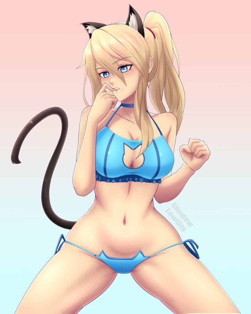 1girls blonde_hair blue_bra blue_eyes blue_lingerie blue_panties bra breasts cat_ears cat_keyhole_bra cat_keyhole_lingerie cat_lingerie cat_tail choker cleavage_cutout fake_animal_ears fake_tail large_breasts lingerie looking_at_viewer metroid midriff mole mole_under_mouth navel nintendo panties ponytail samus_aran shadowlewdity side-tie_panties