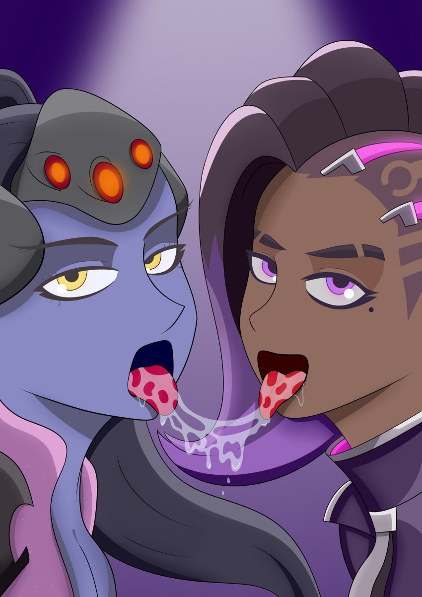 2d 2girls after_kiss brown_skin dark_blue_hair female female_only helmet kissing latina looking_at_viewer mole_under_eye multiple_girls overwatch overwatch_2 purple_skin saliva saliva_string saliva_trail sombra tongue tongue_kiss tongue_out violet_eyes violet_hair widowmaker yellow_sclera yuri zancu