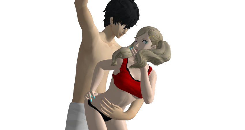 1boy 1girls ann_takamaki atlus bare_shoulders black_hair black_panties blonde_hair blue_eyes blue_nails breasts buttjob clothed female grinding joker_(persona) megami_tensei persona persona_5 pose posing red_bra ren_amamiya sex spinboi straight striped_bra tagme transparent_background white_shorts xnalara