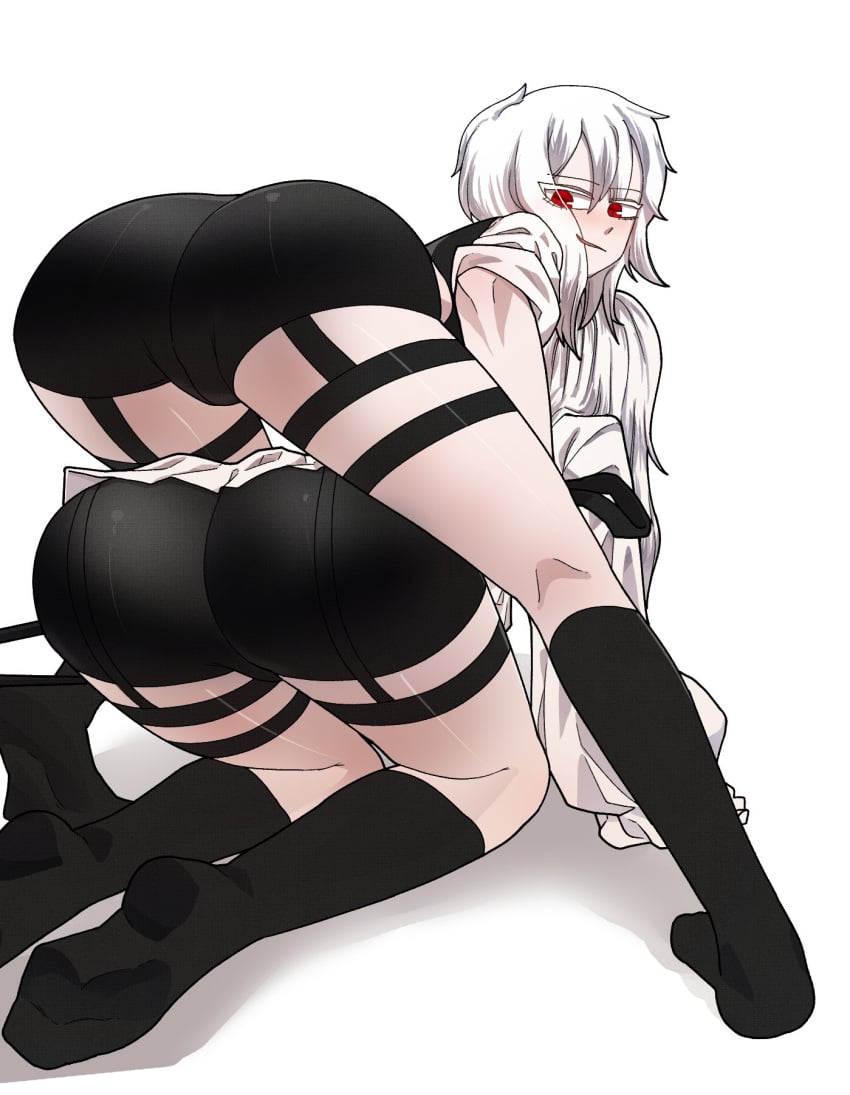 2girls ass ass ass_focus back_view big_ass big_thighs bobobo clothed clothed_female clothing dat_ass female female_only huge_ass huge_thighs long_hair original original_character pants red_eyes tagme thick_hips thick_thighs thighs white_hair