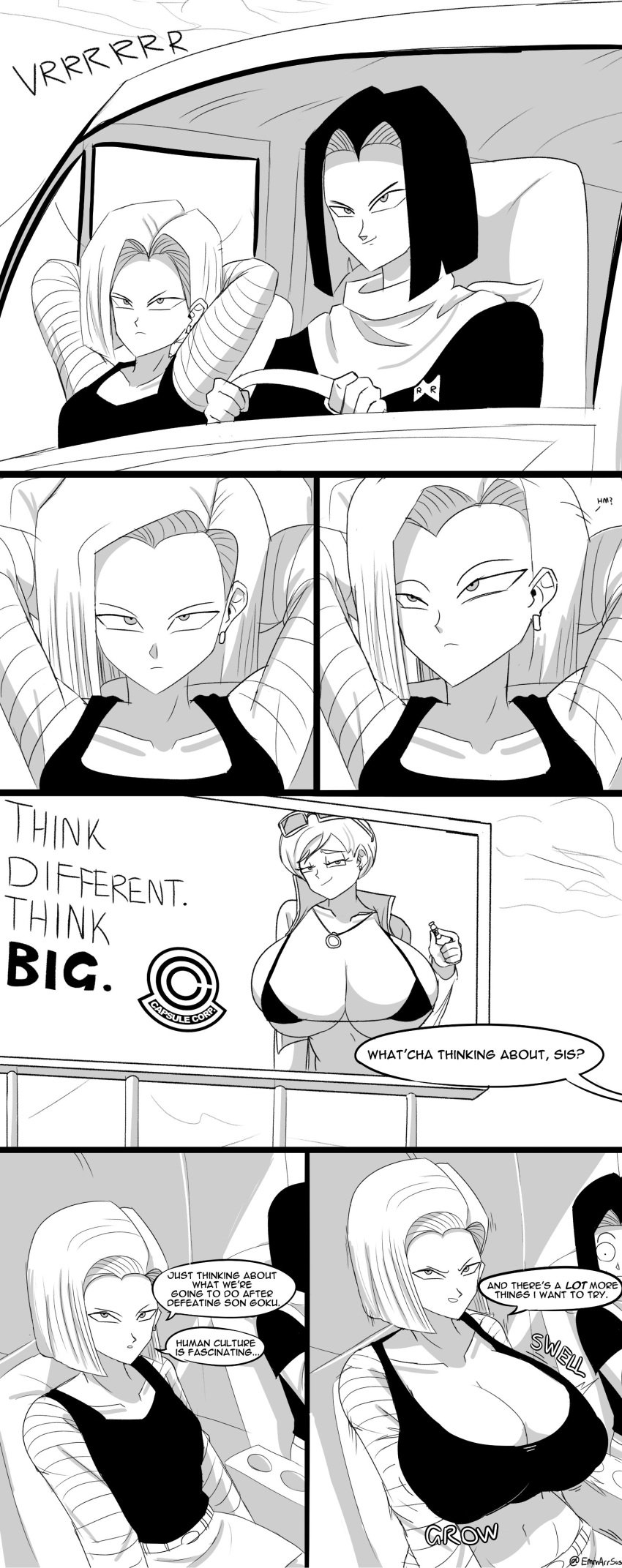 alternate_breast_size android_17 android_18 areola_bulge areolae bikini billboard black_and_white breast_expansion bulma_briefs bursting_breasts capsule_corporation_logo car cleavage comic curvy dialogue dragon_ball dragon_ball_z emmarrgus growth huge_breasts navel reference ripped_clothing shocked swimsuit terminator_3:_rise_of_the_machines transformation