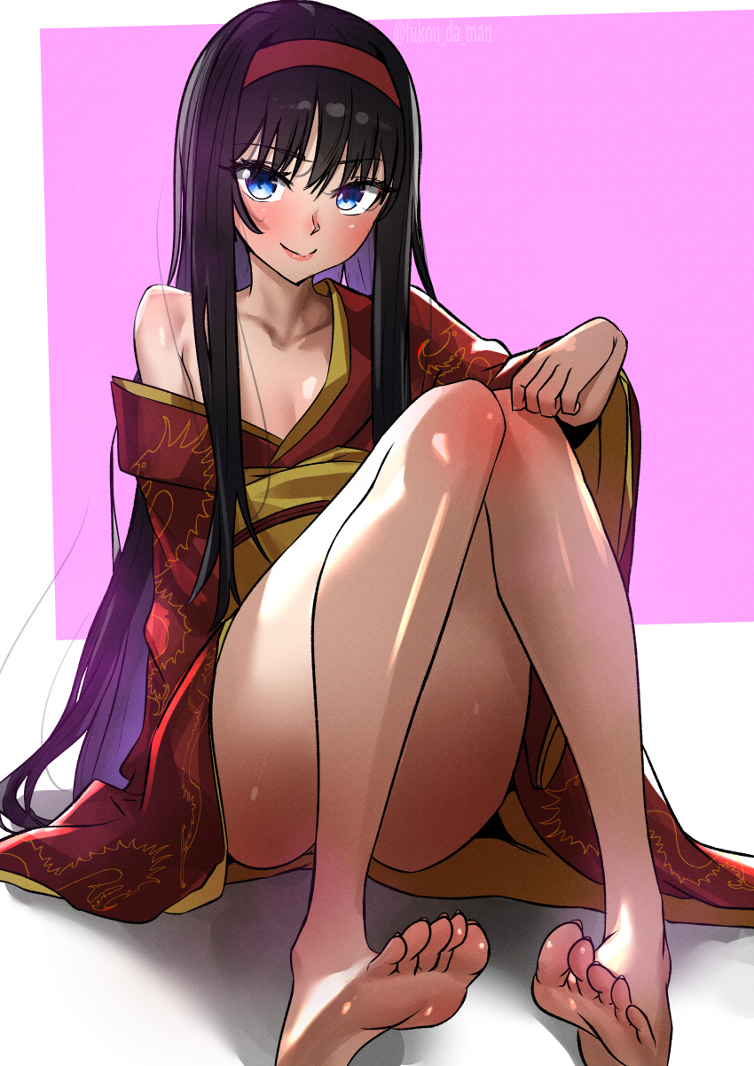 absurdres barefoot black_hair blue_eyes feet female fukou_da_man hairband highres japanese_clothes kimono long_hair looking_at_viewer pointy_chin smile soles toes tohno_akiha tsukihime