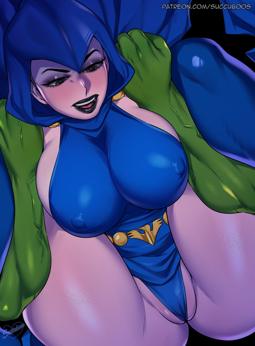 1boy 1girls absurd_res beast_boy big_breasts black_eyes black_lipstick blue_thighhighs cape clenched_hands dc dc_comics female female_focus green_skin hood legs_held_open leotard male narrowed_eyes nipple_bulge pale-skinned_female pale_skin partial_male pussy_floss rachel_roth raven_(dc) reverse_suspended_congress sideboob spread_legs succuboos teen_titans thick_thighs thighhighs very_high_resolution