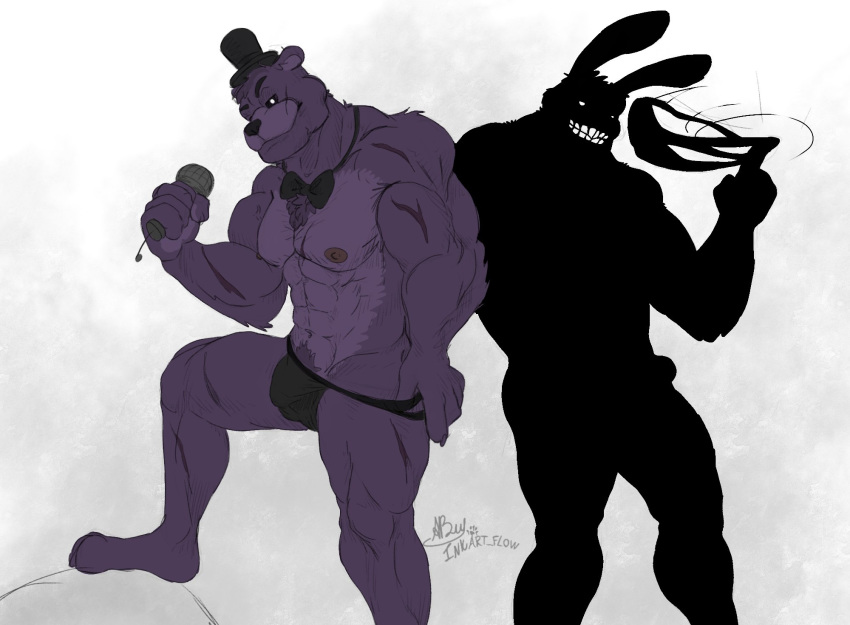 5_fingers abs anthro barely_visible_genitalia barely_visible_penis black_body black_clothing black_sclera black_underwear bow_tie clenched_teeth clothed clothing duo empty_eyes fingers five_nights_at_freddy's fur genitals hat headgear headwear hi_res holding_microphone holding_object inkart_flow jockstrap lagomorph leporid looking_at_viewer male male_only mammal microphone nipples nude penis pubes purple_body purple_fur rabbit scar shadow_bonnie shadow_freddy shadow_freddy_(fnaf) simple_background step_pose teeth top_hat topless underwear ursid video_games white_background