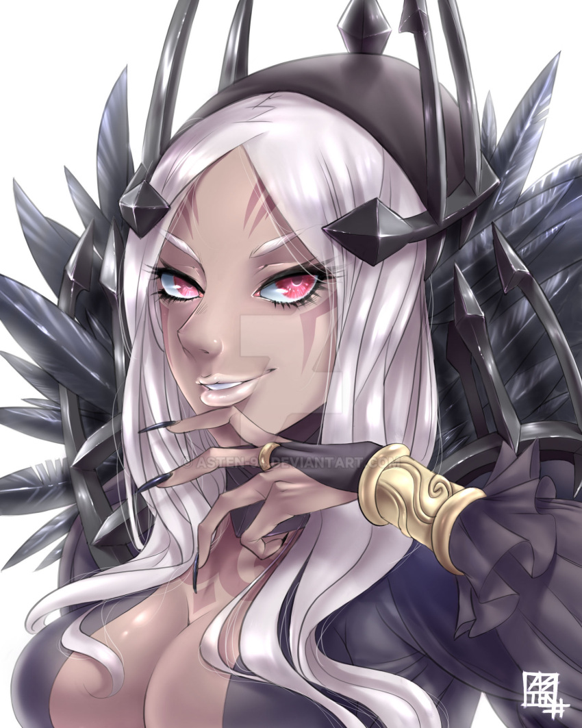 1girls aversa_(fire_emblem) black_nails breasts cleavage dark-skinned_female dark_skin female female_only fire_emblem fire_emblem_awakening heart-kintama00 kintama00 large_breasts long_hair long_nails looking_at_viewer nail_polish nintendo open_mouth penis pink_eyes smile solo watermark white_hair