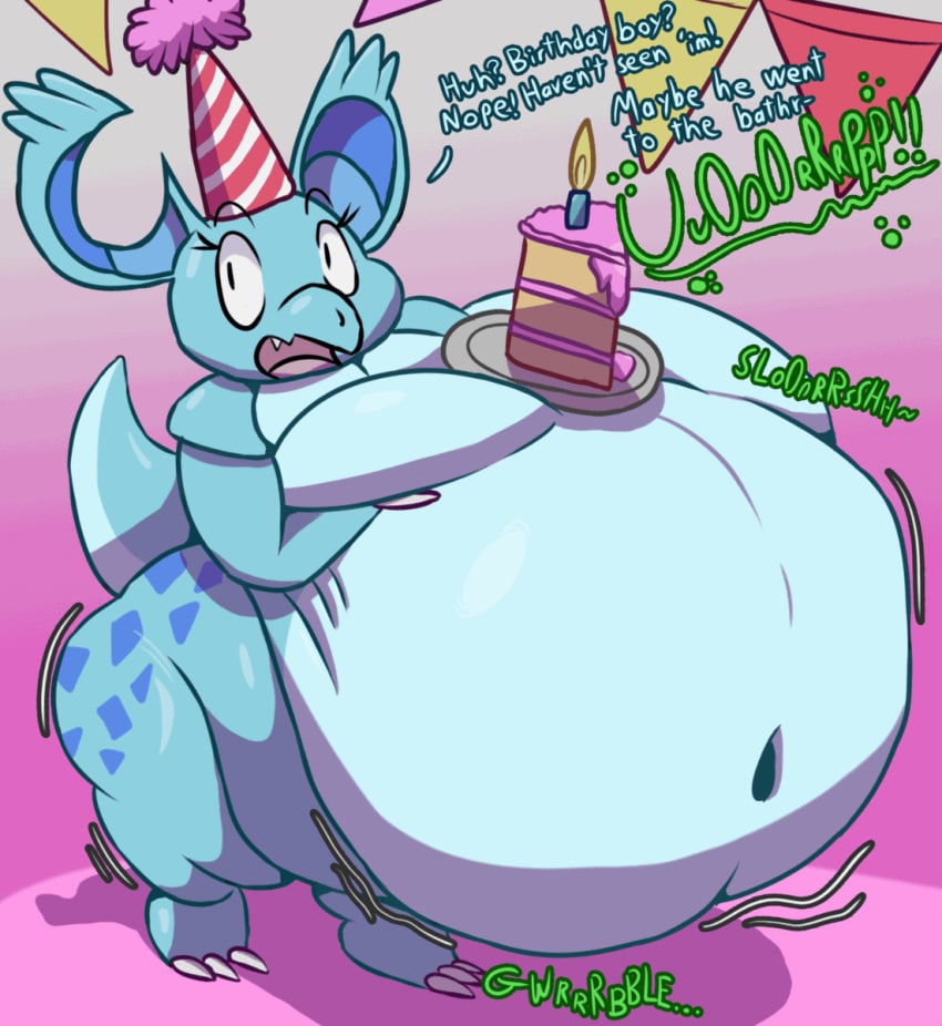 2024 animated ass belly big_belly big_butt birthday birthday_hat blue_body bodily_noises burping cake claws dessert dialogue digestion digestion_noises digital_media_(artwork) english_text fatal_vore female female_pred feral food generation_1_pokemon hi_res looking_at_viewer nidorina nintendo nude onomatopoeia open_mouth party pokémon_(species) pokemon pokemon_(species) rita_(saybin) saybingryph short_stack short_tail simple_background solo sound_effects tail text thick_tail vore wide_hips