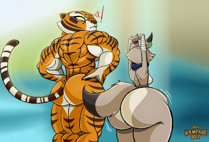 2girls anger_vein annoyed anthro arms_up ass ass_envy back_muscles biceps big_ass bottom_heavy breasts bubble_butt dreamworks fat_ass female female_only fennec hands_on_hips huge_ass kung_fu_panda kung_fu_panda_4 large_ass looking_at_ass master_tigress muscular muscular_female nude nude_female rampageguy rear_view small_breasts stretching thick_ass thick_thighs thunder_thighs tiger wide_hips zhen_(kung_fu_panda)