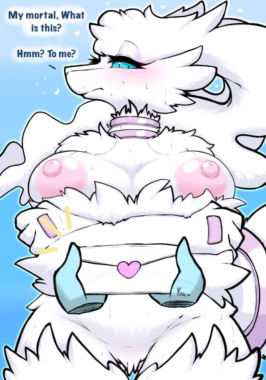 anthro big_breasts blue_eyes blue_sclera breasts cheek_tuft crossed_arms dragon facial_tuft female female_dragon female_pokemon fur furred_dragon generation_5_pokemon hair legendary_pokémon legendary_pokemon long_hair milkteafox nintendo nipples pokémon_(species) pokemon pokemon_(species) reshiram sweat tuft white_body white_fur white_hair