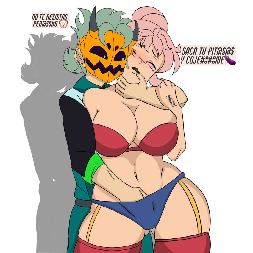 1boy1girl bianart big_breasts bra brawl_stars breasts closed_eyes face_grab fang_(brawl_stars) female fingers_on_pussy gray_hair horns janet_(brawl_stars) kabocha_fang male panties pink_hair text thick_thighs thighs underwear