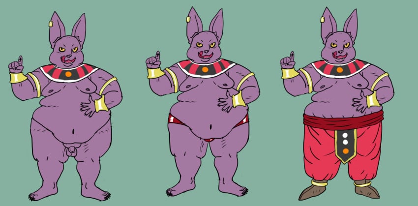 2021 anthro anthro_only balls belly big_belly bottomwear champa clothing domestic_cat dragon_ball dragon_ball_super ear_piercing ear_ring felid feline felis flaccid genitals geuremon green_background male male_only mammal moobs nipples overweight overweight_male pants penis piercing purple_body ring_piercing simple_background small_penis solo underwear