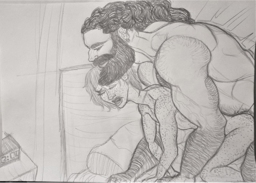 bartel beard bearded bedroom_sex doggy_style facial_hair freckles gay gay_sex hairy hairy_arms hairy_chest hairy_male hunk long_hair_male manly muscle muscular muscular_male pencil_(artwork) size_difference sketch traditional_art traditional_media traditional_media_(artwork)