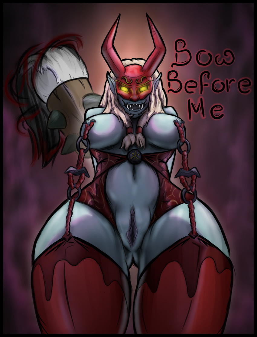 breasts clothing dota fangs female genitals grimstroke hair hi_res humanoid legwear mask nipple_piercing nipples piercing pussy rule_63 saintmarmo solo stockings teeth thick_thighs troll valve white_hair