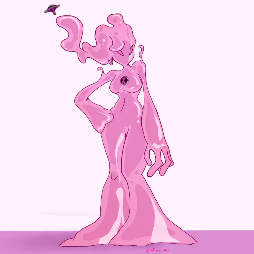 1girls alien_girl ben_10 breasts chaquetrix female goop_(ben_10) imtaco_man large_breasts long_hair monster_girl navel pink_body pink_sclera polymorph_(ben_10) pseudo_hair slime slime_girl solo standing wide_hips