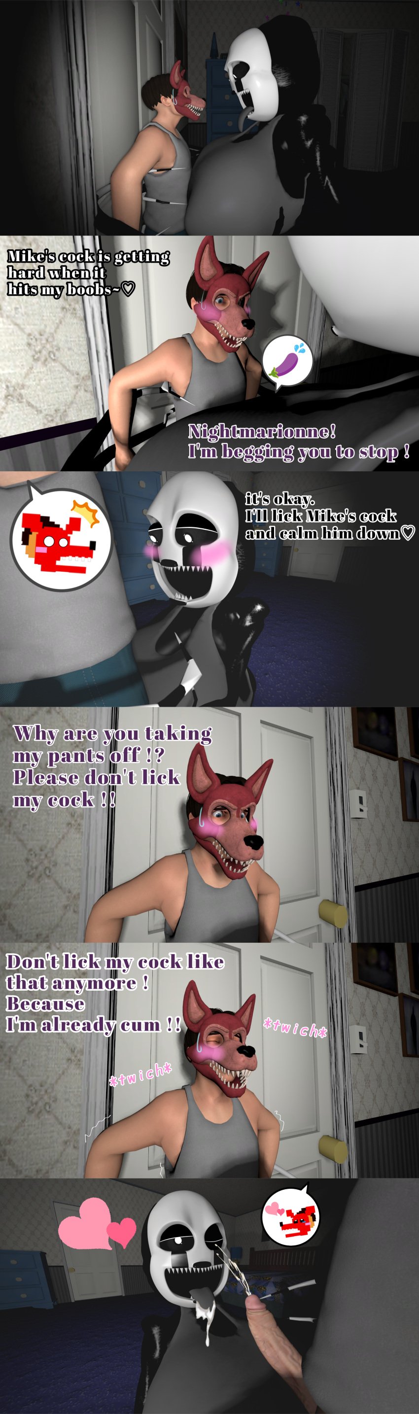 3d blowjob cum cuming eggplant_emoji erection five_nights_at_freddy's five_nights_at_freddy's_4 fox_mask foxy_bro huge_breasts licking licking_penis marimike marionette_(fnaf) michael_afton nightmarionne puppet_(fnaf) semen source_filmmaker tank_top teen_boy teenager text yuuki_momofox