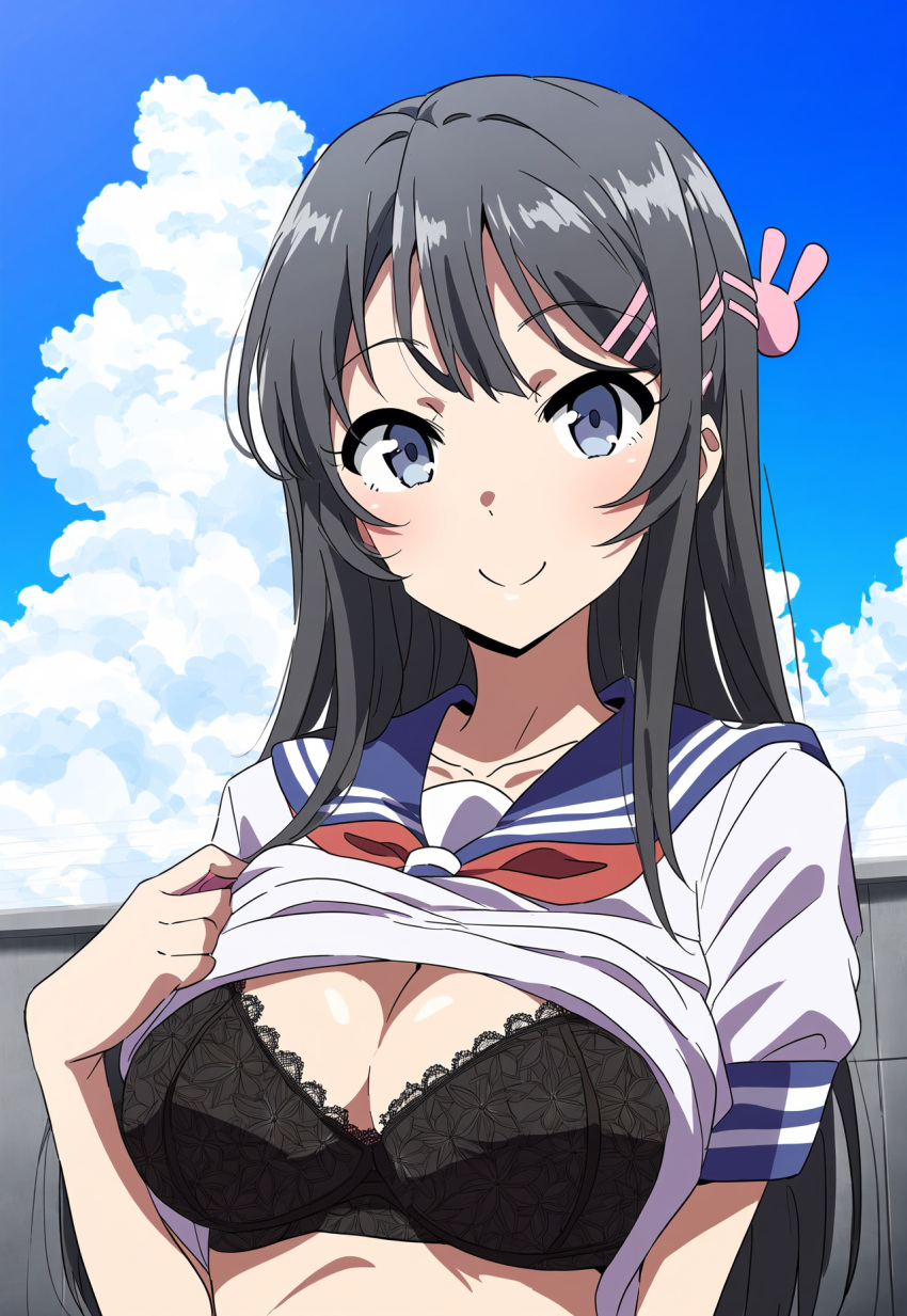 1girls ai_generated bangs black_bra black_hair blue_eyes blue_sky blush bra breasts bunny_hair_ornament cleavage closed_mouth cloud cloudy_sky day eyebrows_visible_through_hair hair_ornament hairclip lace lace-trimmed_bra large_breasts long_hair looking_at_viewer medium_breasts outdoors sailor_collar sailor_uniform sakurajima_mai school_uniform seishun_buta_yarou_wa_bunny_girl_senpai_no_yume_wo_minai shirt shirt_lift short_sleeves sky smile solo underwear upper_body white_shirt