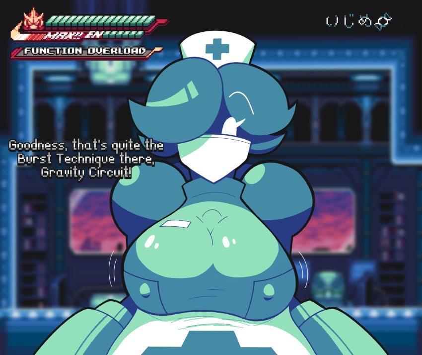 alternate_breast_size eyes facemask game_ui gravity_circuit hair ijimecandy large_breasts masked_female nipple_bulge nipples_visible_through_clothing nurse nurse_(gravity_circuit) nurse_cap paizuri paizuri_under_clothes sequence short teal text white