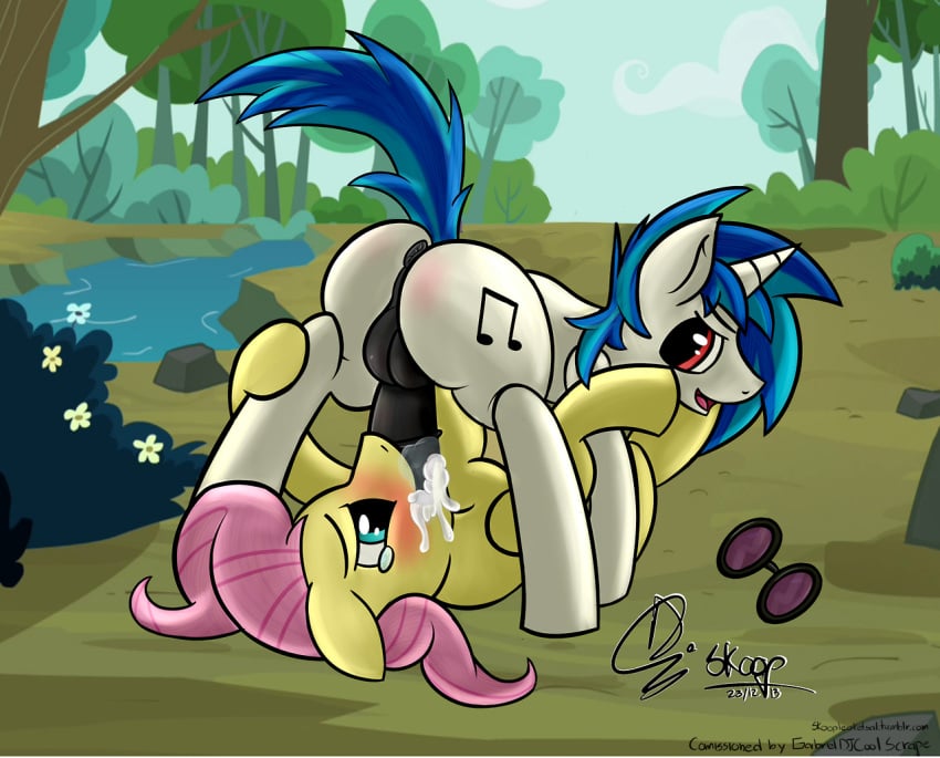 balls cloud duo equid equine female fluttershy_(mlp) friendship_is_magic genitals hasbro horn horse mammal my_little_pony oral penis plant pony river skoop_(artist) tree unicorn vinyl_scratch_(mlp) water