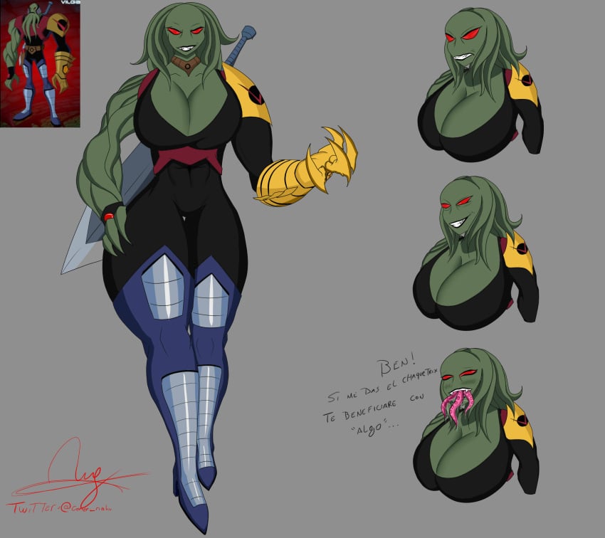 alien alien/human alien_girl alien_humanoid alien_look_like_human ben_10 ben_10_alien_force big_breasts black_body breasts chaquetrix chimera_sui_generis cleavage female green_hair green_skin huge_breasts large_breasts mommy muscular_female nahuelconer octopus red_eyes reference_image rule_63 tentacle tentacle_hair tentacles vilgax