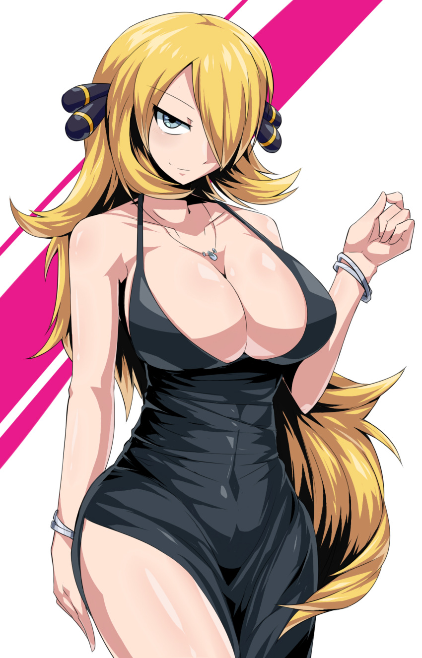 1girls 2019 adapted_costume alternate_breast_size alternate_costume alternate_outfit bare_arms bare_shoulders black_dress blonde_hair bracelet breasts cleavage collarbone covered_navel cynthia_(pokemon) dress eye_contact eyebrows_visible_through_hair female female_only green_eyes hair_ornament hair_over_one_eye half-closed_eyes hand_up highres human human_only jewelry large_breasts long_hair looking_at_viewer necklace nintendo pokemon pokemon_dppt side_slit silver_eyes simple_background smile solo suzusiigasuki thick_thighs thighs very_long_hair wide_hips