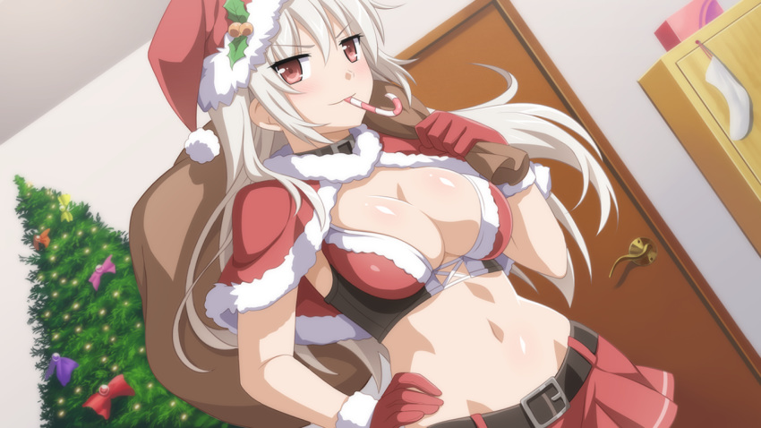 1girls blush breasts choker christmas game_cg hiromi_(sakura_swim_club) large_breasts long_hair red_eyes sakura_swim_club santa_costume skirt wanaca white_hair winged_cloud