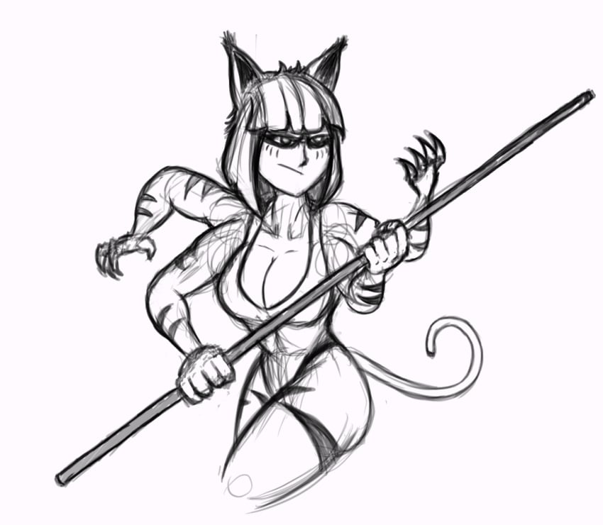 4_arms artsy_madraw big_breasts borrowed_character catgirl cleavage gift_art large_breasts markings monochrome multi_arm multi_limb one_piece_swimsuit original original_character tail weapon