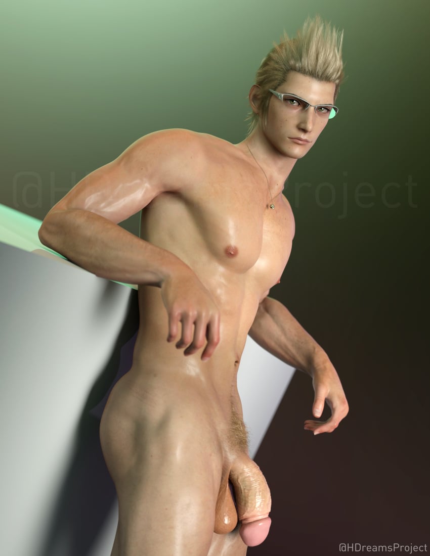 3d blonde_hair body_hair daz3d final_fantasy final_fantasy_xv flaccid flaccid_penis glasses green_eyes hdreamsproject ignis_scientia male_only moles monster_cock nipples patreon solo_male