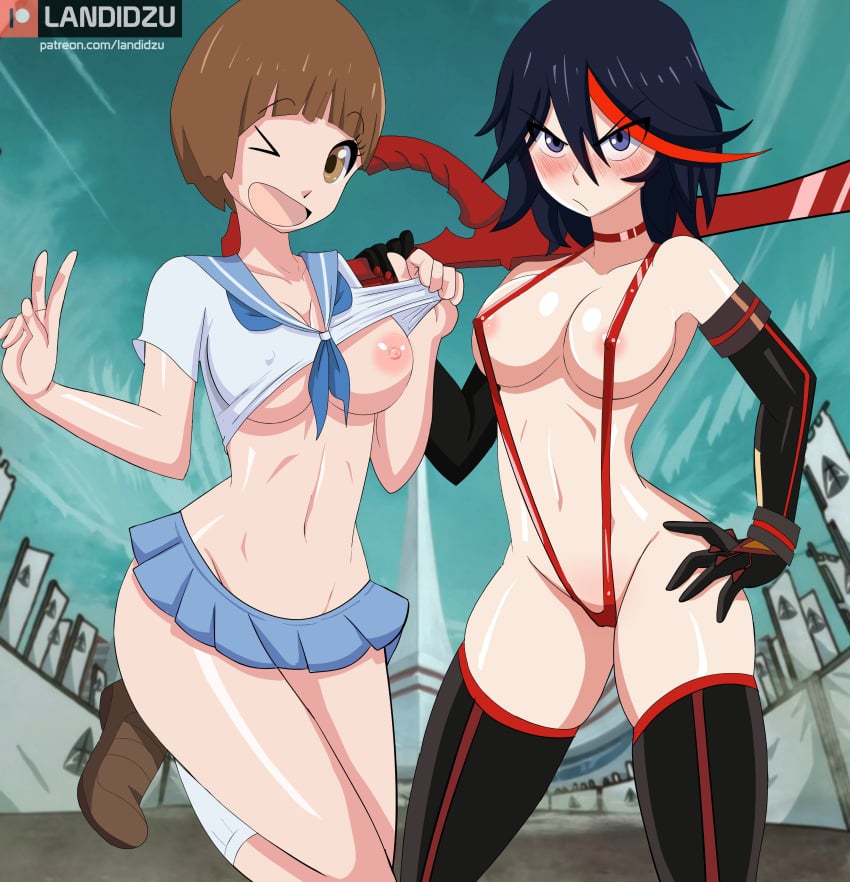 2girls :/ absurdres artist_name black_hair blue_eyes blush breasts brown_eyes brown_hair choker cleavage collarbone elbow_gloves female female_only flashing frown gloves hand_on_hip highres human kill_la_kill landidzu lifted_by_self looking_at_viewer mankanshoku_mako matoi_ryuuko medium_breasts multicolored_hair multiple_girls navel nipples no_bra one_breast_out open_mouth red_hair school_uniform scissor_blade serafuku shirt_lift shoes short_hair short_sleeves skirt sky sling_bikini smile socks stomach streaked_hair swimsuit thighhighs thighs v wink