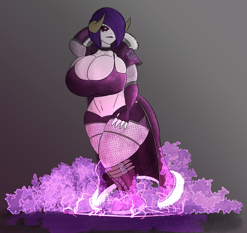 artsy_madraw big_ass big_breasts black_eyes clothed demon demon_girl demon_horns fishnets goth huge_breasts large_ass magic original original_character pale_skin purple_hair saryxis_(oc) skindentation wide_hips