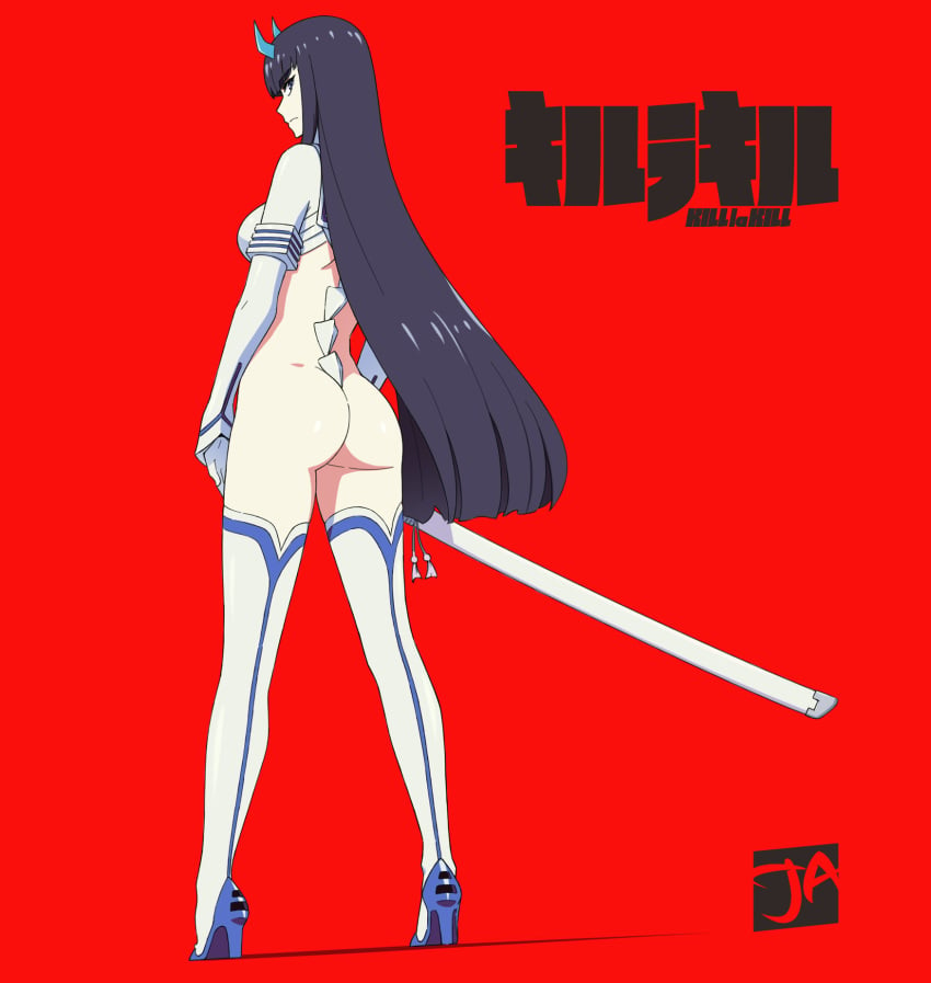 1girls ass black_eyes black_hair bodysuit boots breasts closed_mouth copyright_name eyebrows_visible_through_hair female female_only gloves high_heel_boots high_heels highres hime_cut holding holding_sword holding_weapon horns j_adsen kill_la_kill kiryuuin_satsuki large_breasts long_hair long_legs red_background revealing_clothes scabbard signature simple_background solo sword tassel thick_eyebrows very_long_hair weapon white_gloves