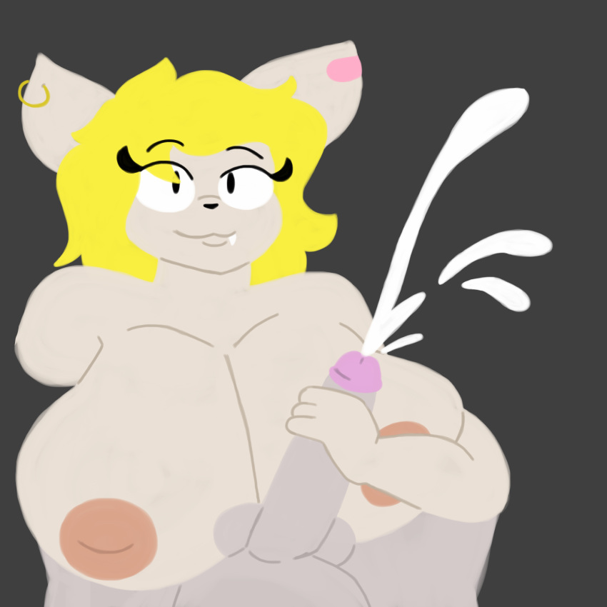 1:1 amanda_(flufflewdzthings) anthro balls big_breasts big_nipples bodily_fluids breast_squish breasts canid canine cum cumshot duo ear_piercing ear_ring ejaculation felid feline female flufflewdzthings fox genital_fluids genitals hand_on_penis handjob hi_res huge_breasts hybrid looking_at_viewer male mammal nipples penile piercing sex squish straight