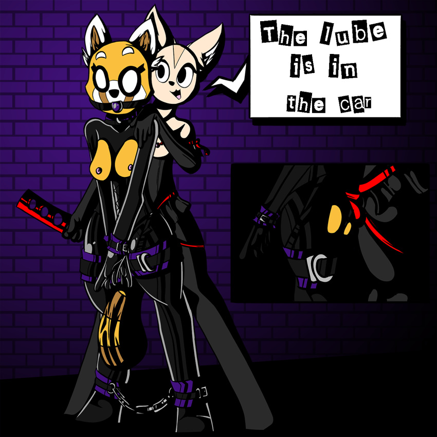 1:1 aggressive_retsuko ailurid anthro ball_gag bondage bound breasts canid canine clothed clothing dialogue dildo duo english_text exposed_breasts female fennec fenneko fox fur gag gagged hi_res krano_network leather male mammal nipples open_mouth paddle png purple_background red_panda retsuko rubber rubber_suit sanrio sex_toy simple_background smile smooth_fur standing straight strapon submissive text tongue white_eyes wide_hips