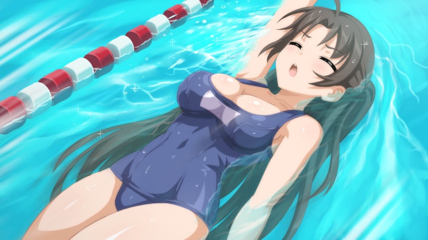 1girls black_hair blush breasts closed_eyes game_cg large_breasts long_hair mieko_(sakura_swim_club) pool sakura_swim_club school_swimsuit school_uniform swimming swimsuit wanaca winged_cloud