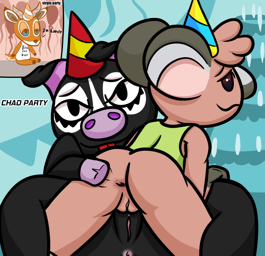 absurd_res agnes_(animal_crossing) animal_crossing antelope anthro anus ass beau_(animal_crossing) birthday bovid cake domestic_pig female female/female food gazelle genitals hi_res koala mammal marsupial melba_(animal_crossing) nintendo pussy source_request spread_butt spreading suid suina sus_(pig) video_games vombatiform year_request yukacutiekoala yuri